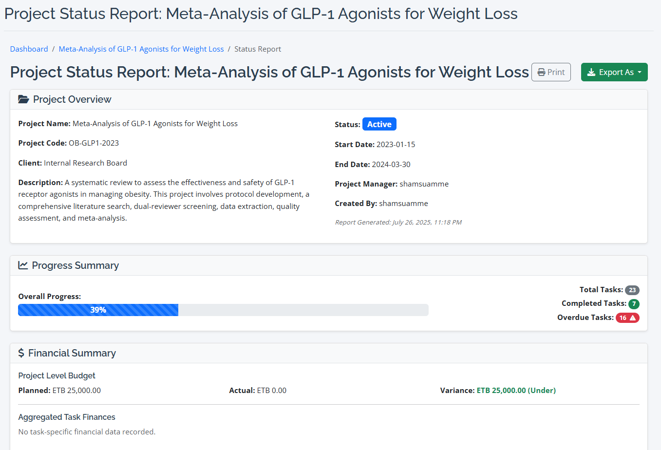 A preview of a generated project status report in RevPro.