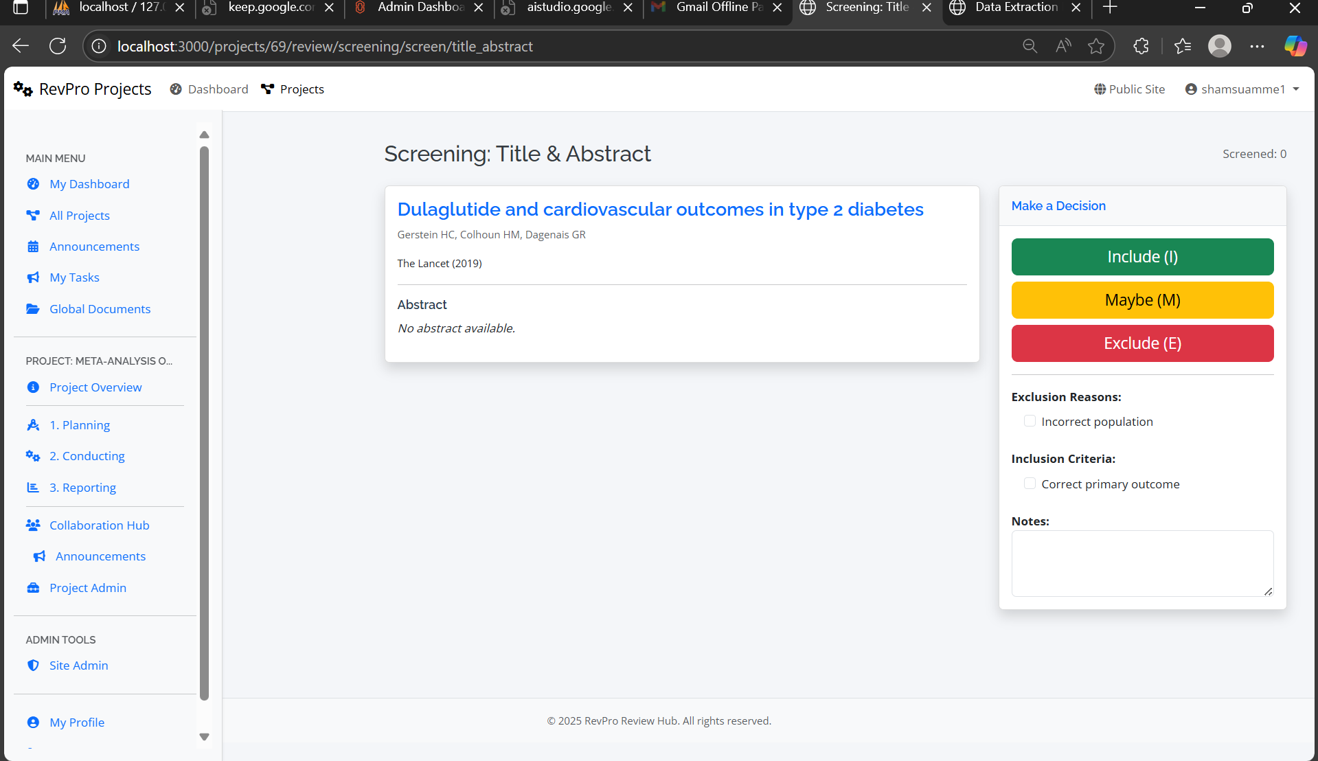 The title and abstract screening interface in RevPro.