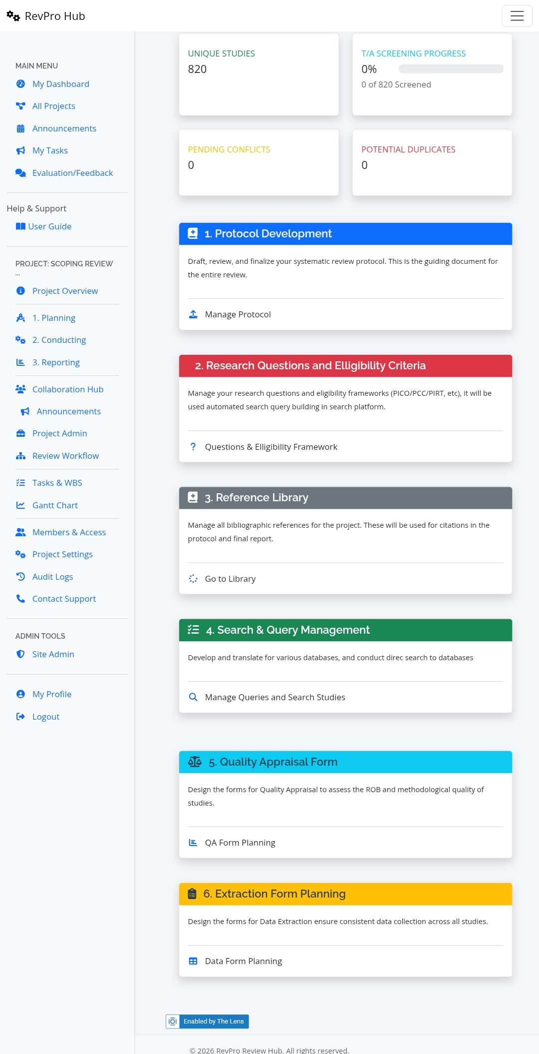 Figure 1: Planning dashboard – stats cards provide snapshot of protocol status, forms, and study library.