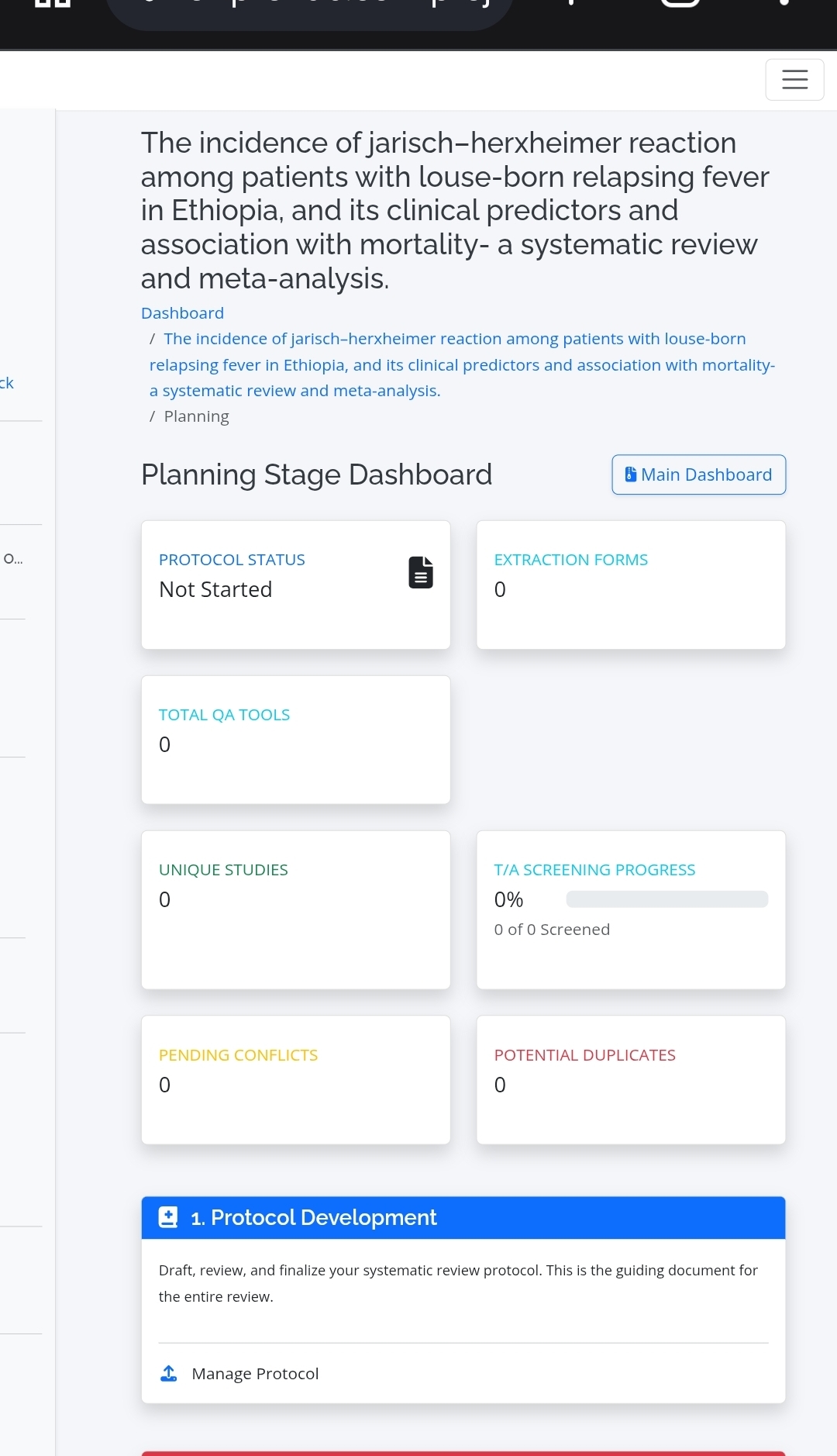 Planning dashboard – stats cards provide snapshot of protocol status, forms, and study library.
